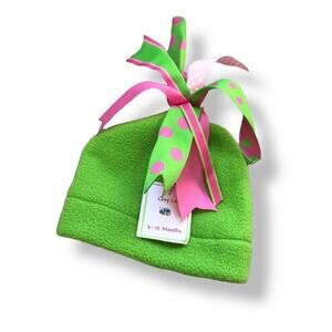 Lexy Lu Girls Hat Sz 6-12 Months Pink Green Fleece Grosgrain Ribbon‎ Tassel NEW